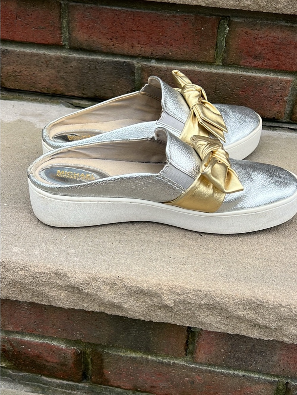 Michael Kors Metallic Silver Slip-On Mules with Gold Knot - Picture 7 of 9